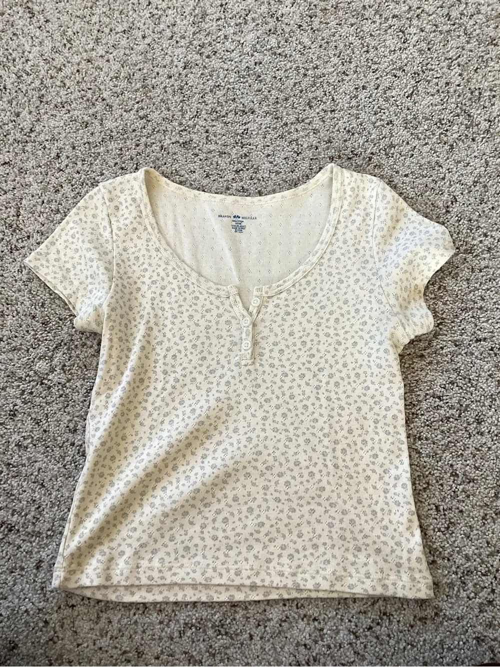 Brandy Melville Cream Short Sleeve Henley Tee with Tiny Floral Print